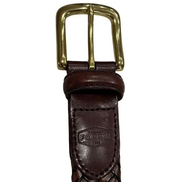 Fossil Vintage Brown Braided Leather Belt Size 34 Brass Buckle LNWT
