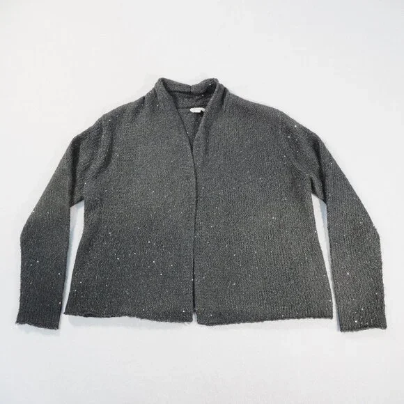 J Jill Cardigan Sweater Womens Medium P Black Sequin Open Front Mohair Blend