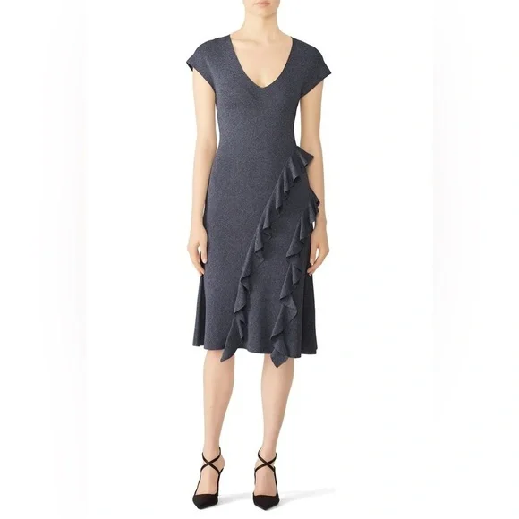 Sachin + Babi Rayon Heather Grey Knit Cascading Ruffles Feminine Dress Sz L