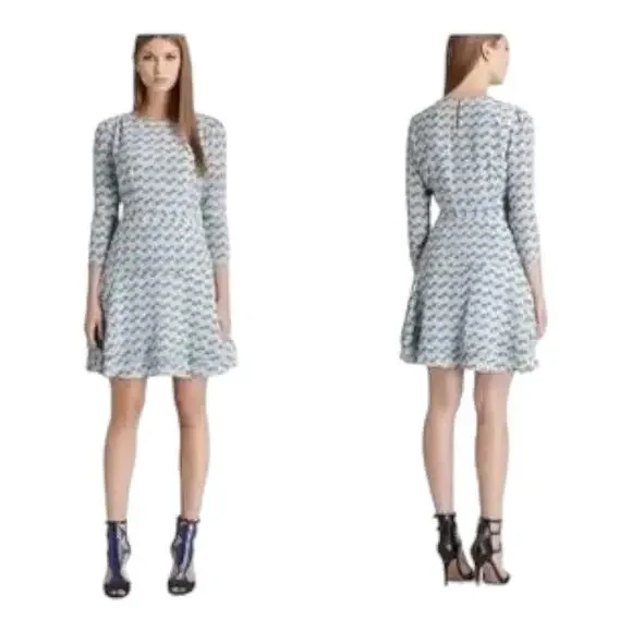 Reiss Giselle Watercolor Three-Quarter Sleeve Blue Geo Print Silk Dress Size 4