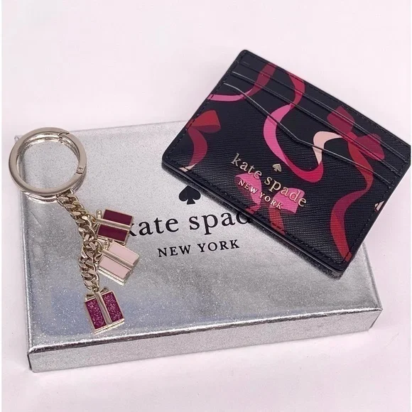 Kate Spade Staci Boxed Card Holder Small Wallet And Key Fob Ribbon Print