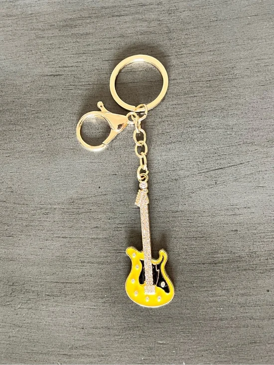 Yellow & Black Enamel Electric Guitar Rhinestone Gold Keychain 3.5