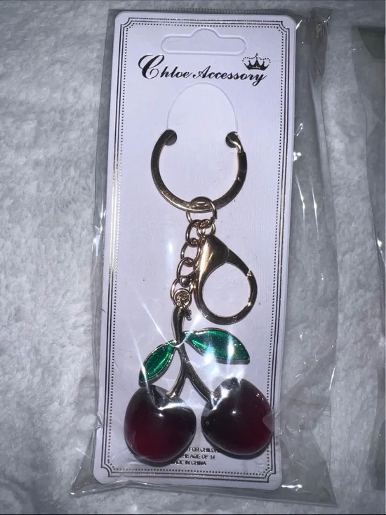 Gold Cherry Keychain - Red & Green