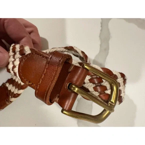 Braided Leather and Rope Belt Brown Cream‎ Brass Buckle Women Boho Nautical