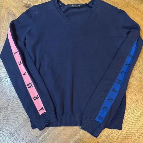 A/X Armani Exchange Women’s V-Neck Sweater in Navy with Pink and Blue Accents