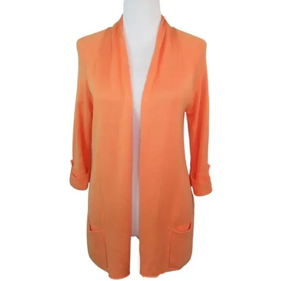 CHICO’S Orange Cotton Blend Open Front Lightweight Casual Cardigan Size Small