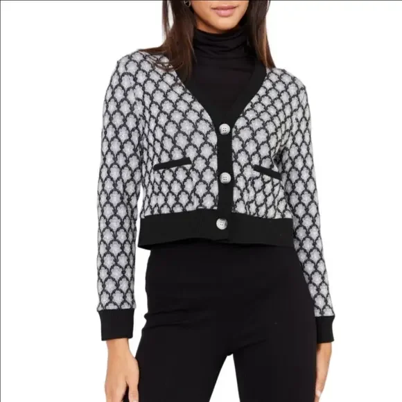 NWT Dolcezza Black & Gray Knit Garden Print Button Front Cardigan Sweater