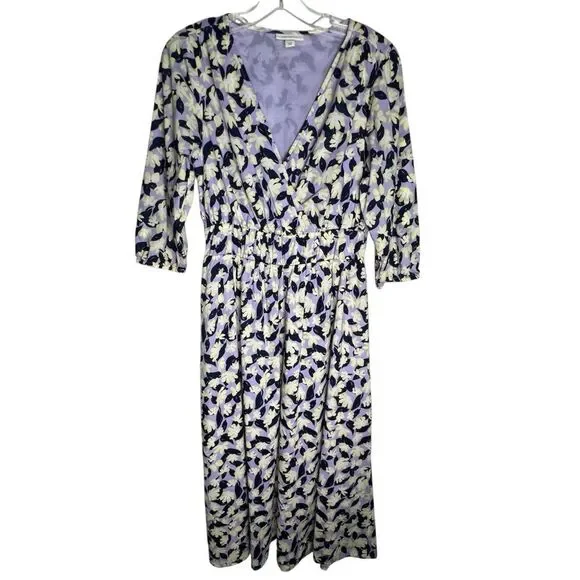ON 34 Purple Cream White 3/4 Sleeve Floral Romantic Fairy Spring Midi Dress Sz 6