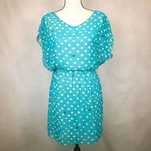 Lush Teal Blouson Dress Shoet Sleeve Geometric Print Size Med