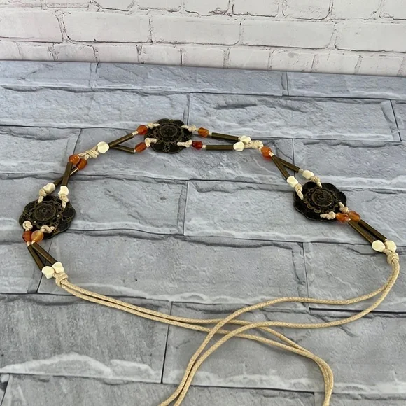 Bohemian Macrame beaded  brass floral belt vintage
