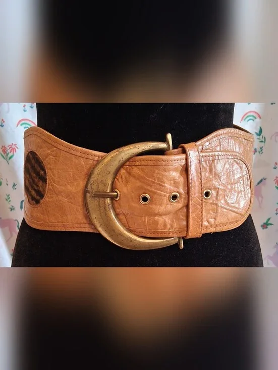 Vintage 80s Smooshy Tan Pebble Leather & Leopard Calf Boho Accent Statement Belt