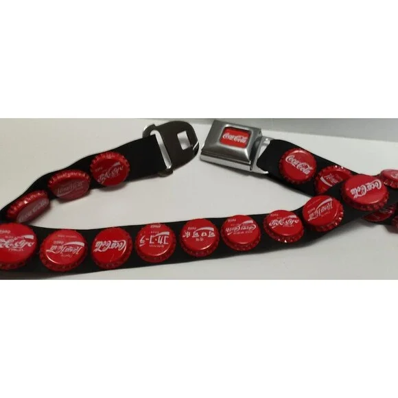 Vintage 90's COKE Rubber Belt  Coca-Cola Global Bottle Caps Chrome Punk Goth