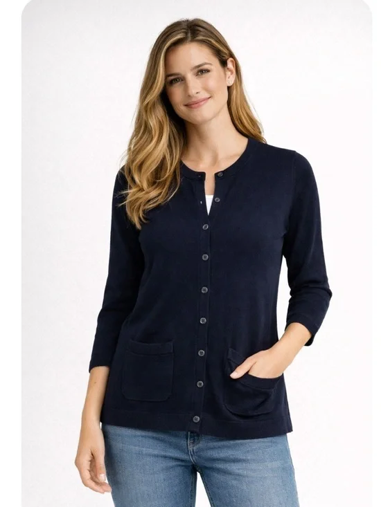 Talbots Navy Blue Cardigan 3/4 Sleeve Pima Cotton Cardigan Sweater Sz LP