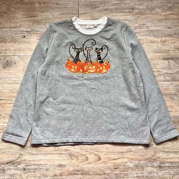 Vintage Halloween Cat Pumpkin Sweatshirt Cottagecore Granny 90s XL Top Cute