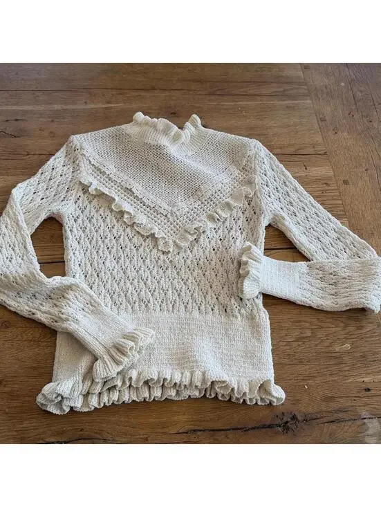 Zara womens small cream pullover ruffle crochet knit