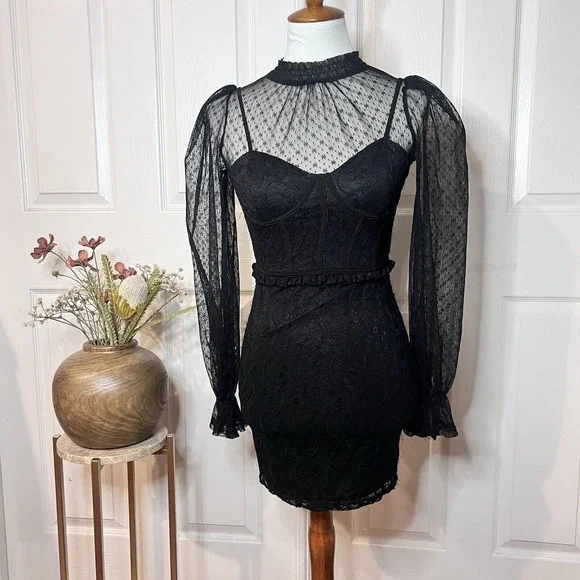 Windsor Womens Black Sheer High Neck Corset Bodycon Dress Sz XS Witchy Victorian