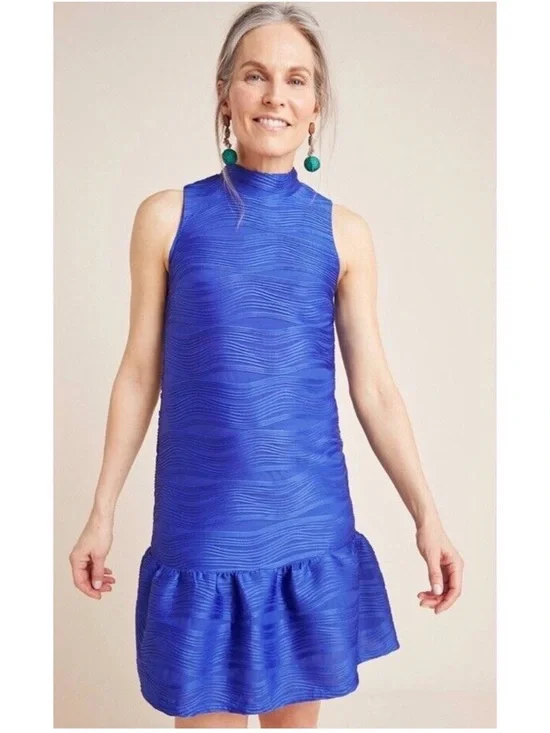 Anthropologie Hutch Mollie Royal Blue Textured Mock Neck Flounce Hem Size Lg