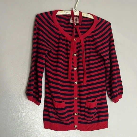 Juicy couture stripe Crown button front cardigan, sweater neck bow size small