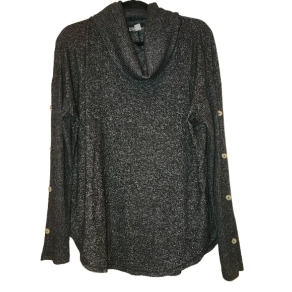 Peace & Pearls Black Cowl Neck Tunic Sweater Size L Long Sleeves Button Detail