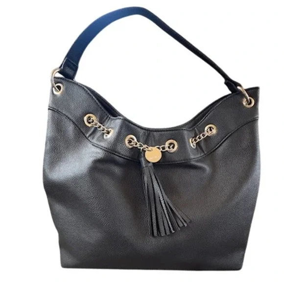 Nine West Black Faux Leather Tassel Shoulder Bag Purse Handbag Women Classic