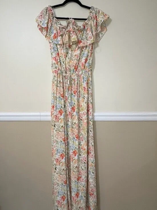 Louna Floral Maxi Dress, Size L, Ivory Peach