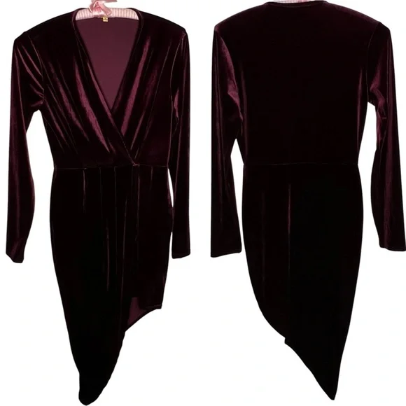 Shinestar Gold Velvet Long Sleeve V Neck Faux Wrap Dress Plum Hi Low Hem Size M