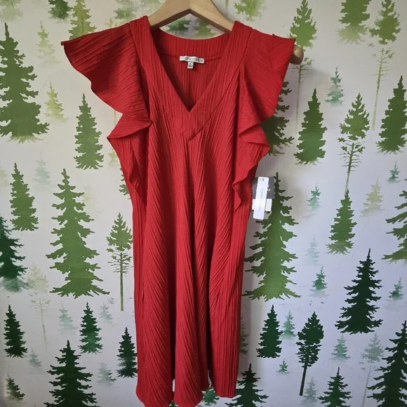 Sandra Darren Red V-Neck Ruffle Sleeve Midi Dress
