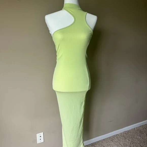Pretty Little Thing Green Ribbed Asymmetrical Bodycon Dress