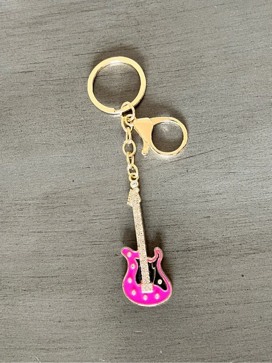 Hot Pink & Black Enamel Electric Guitar Rhinestone Gold Keychain 3.5