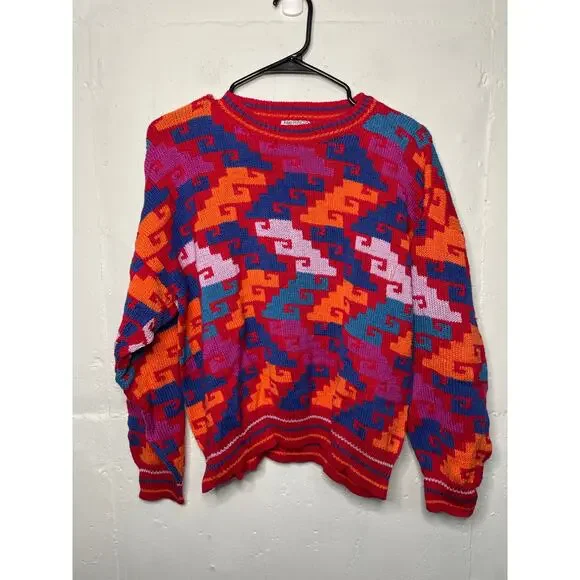 Vintage Amerindia Handmade in Bolivia Knit Sweater Red Pink Blue Orange Size L