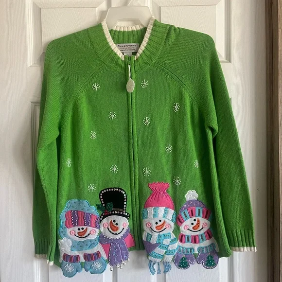 Green Snowman Cardigan Sweater