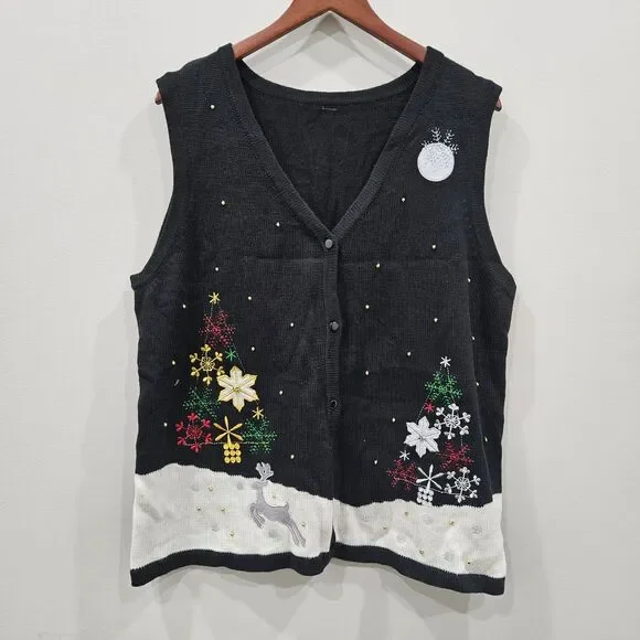 Ugly Christmas Sweater Vest XL Black Multi Snowflake Holiday Trees Moon Festive