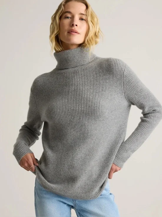 Quince 100% Mongolian Cashmere Fisherman Turtleneck Sweater - Gray - Size Large