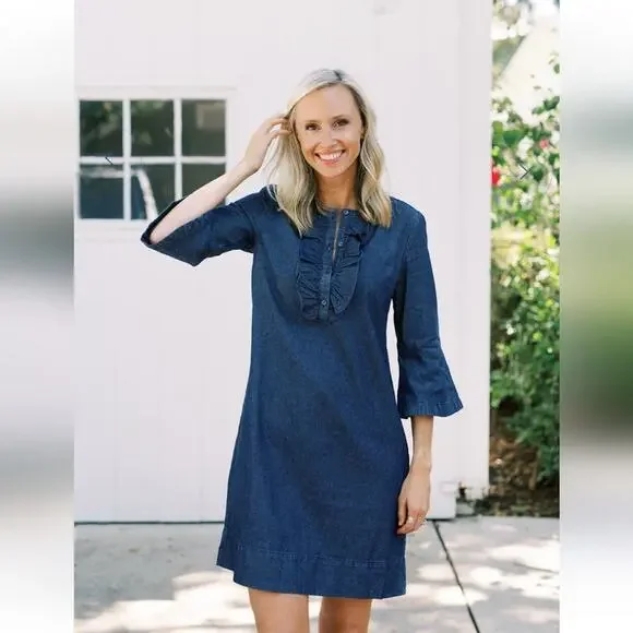 Draper James Denim Chambray Cotton Shift Dress with Ruffle Neckline Size 0