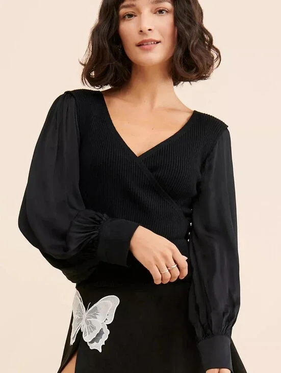 Anthropologie Twofer Faux Wrap Sweater Small Black