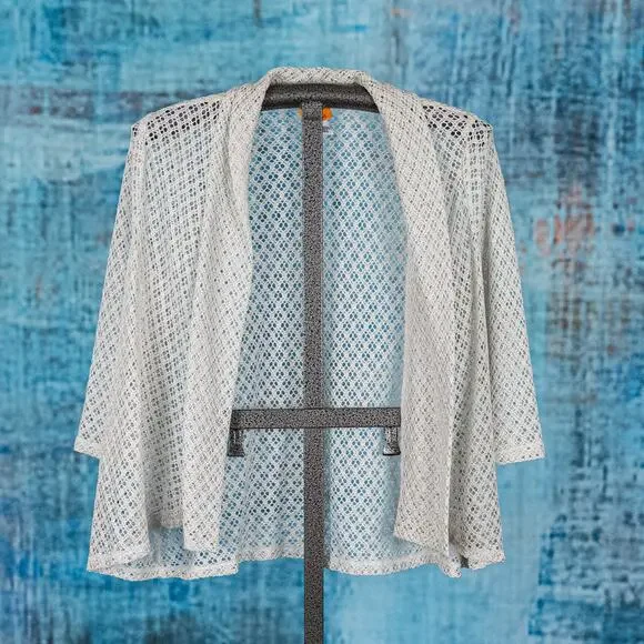 Ruby Rd Open Knit Cardigan Women's MEDIUM Beachy Casual Coastal Metallic Thread