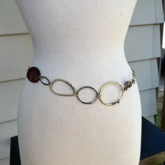 VTG Boho Mixed Metal Chain Belt Wrapped Wood Bead Festival Art Girl