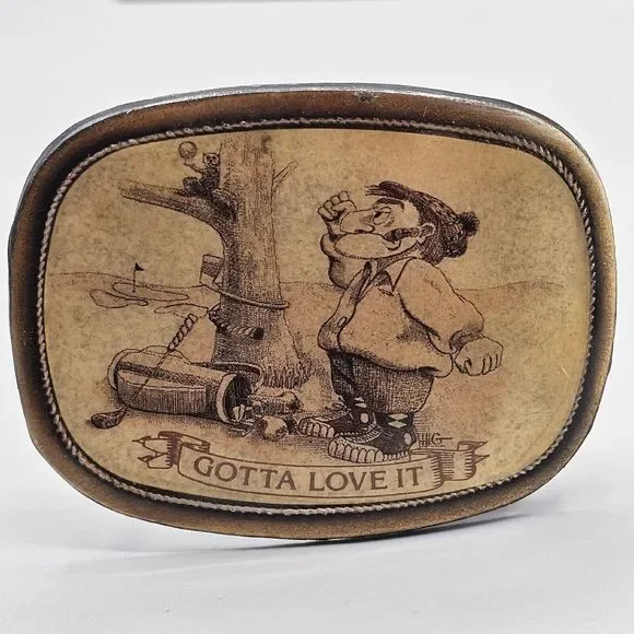 Vintage Cartoon Belt Buckle Angry Golfer Squirrel Thief Signed HiG