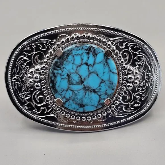 Southwest Dyed Howlite Belt Buckle Rhodium Plated Blue Round Cabochon
