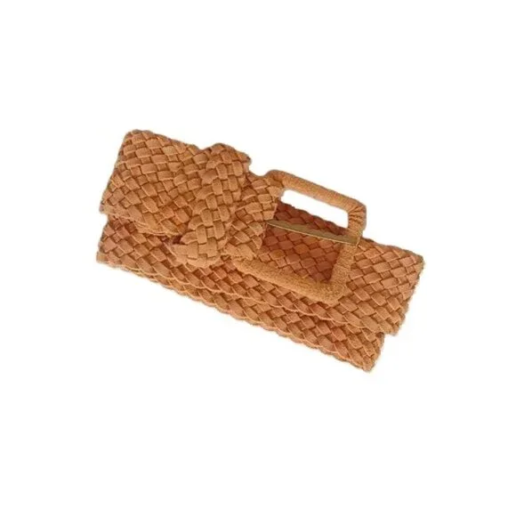 Vintage 70's 80's Leather‎ Woven Belt Western Weave Boho Orange Brown