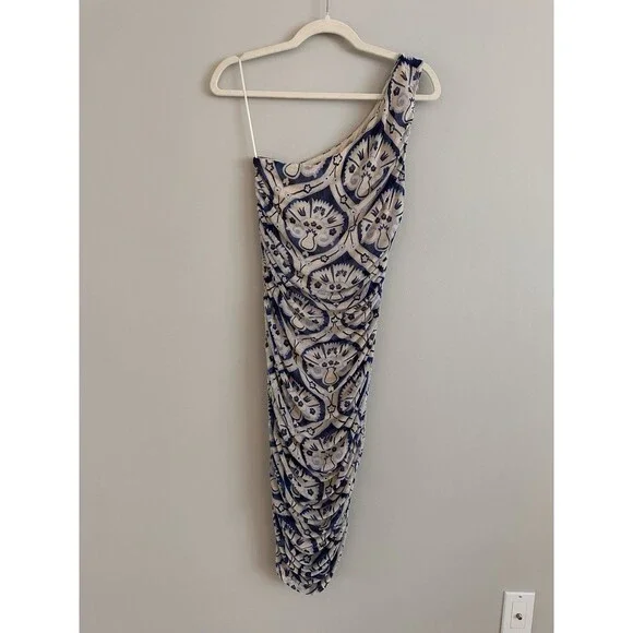 House of Harlow 1960 One Shoulder Ruched Midi Dress Blue Cream Print Size Small