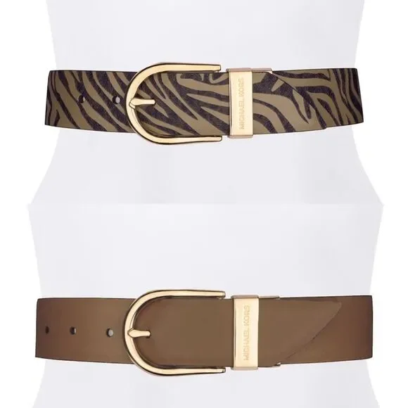 New! MICHAEL KORS Reversible Leather Belt Zebra Print Gold-tone Logo Buckle SM