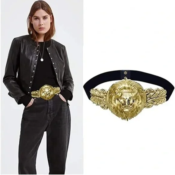 Exaggeration Belt for Women's Black Waistband Gold Elastic