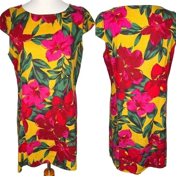 For Cynthia Womens Linen Dress Size Petite Large Hawaiian Tropical Floral Print