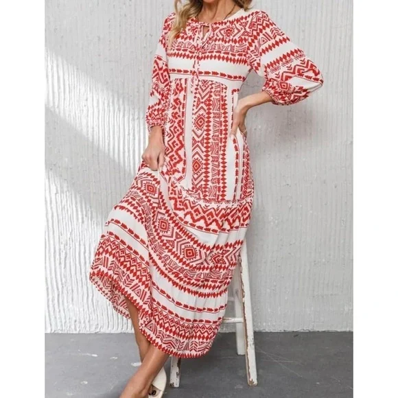 NWT, beautiful Aztec print, white and red tiered Boho style flowy dress medium
