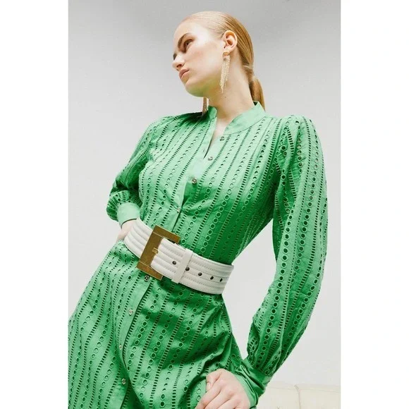 Karen Millen Eyelet Dress US 4 Green Long Sleeve Shirt Dress‎