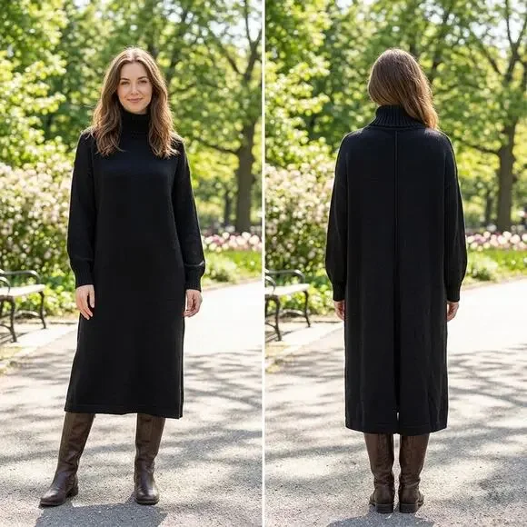 SHEIN Women’s Black Knit Turtleneck Midi Sweater Long Sleeve Dress Size Small