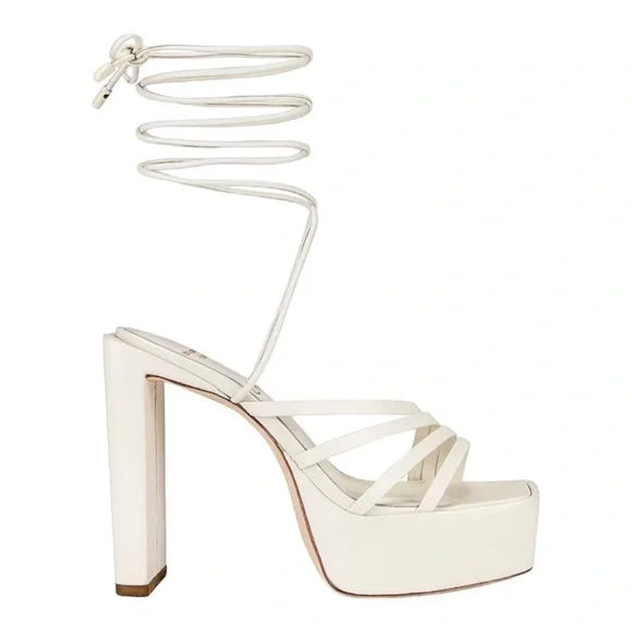 NEW Black Suede Studio Cream Platform Heels Sasha Sandals Wrap Ankle Tie Size 38