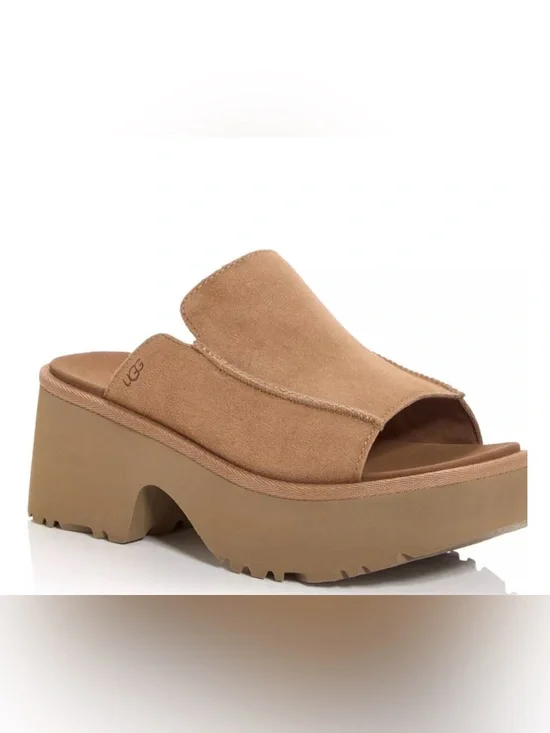 UGG Suede Platform Slide Sandals Camel Tan Square Toe Wedge Slides Sz 9
