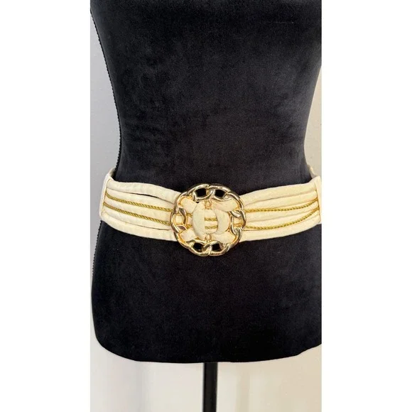 Vintage Cream‎ Fabric Gold Buckle Elastic Cinch Waist Belt Taiwan